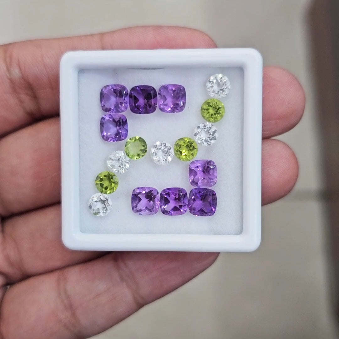 15pcs Natural Peridot, Amethyst & White Topaz Faceted | Mix Shape | Size: 5-6mm