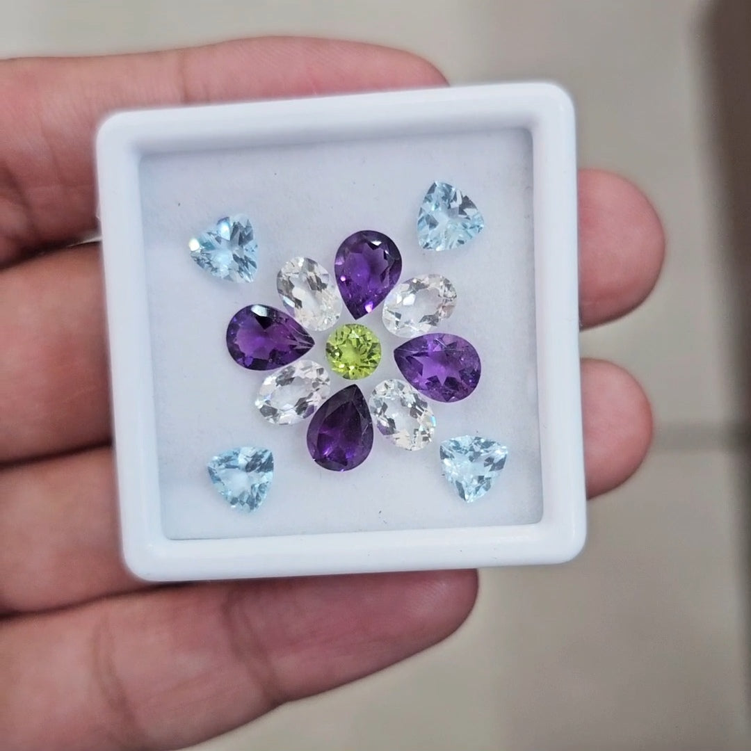 13pcs Natural Peridot, Amethyst, Blue Topaz & White Topaz Faceted | Mix Shape | Size: 5-8mm