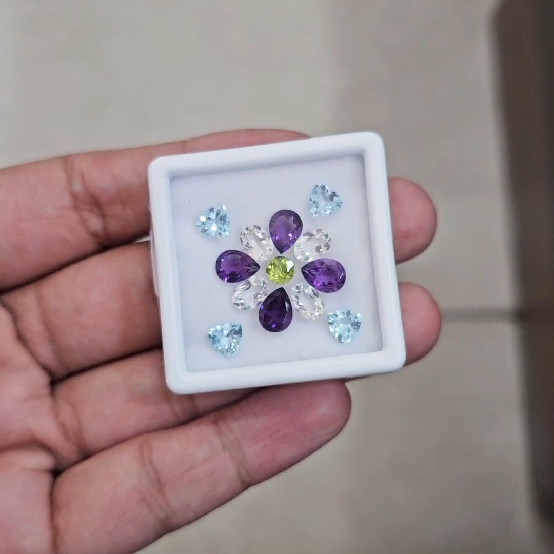 13pcs Natural Peridot, Amethyst, Blue Topaz & White Topaz Faceted | Mix Shape | Size: 5-8mm