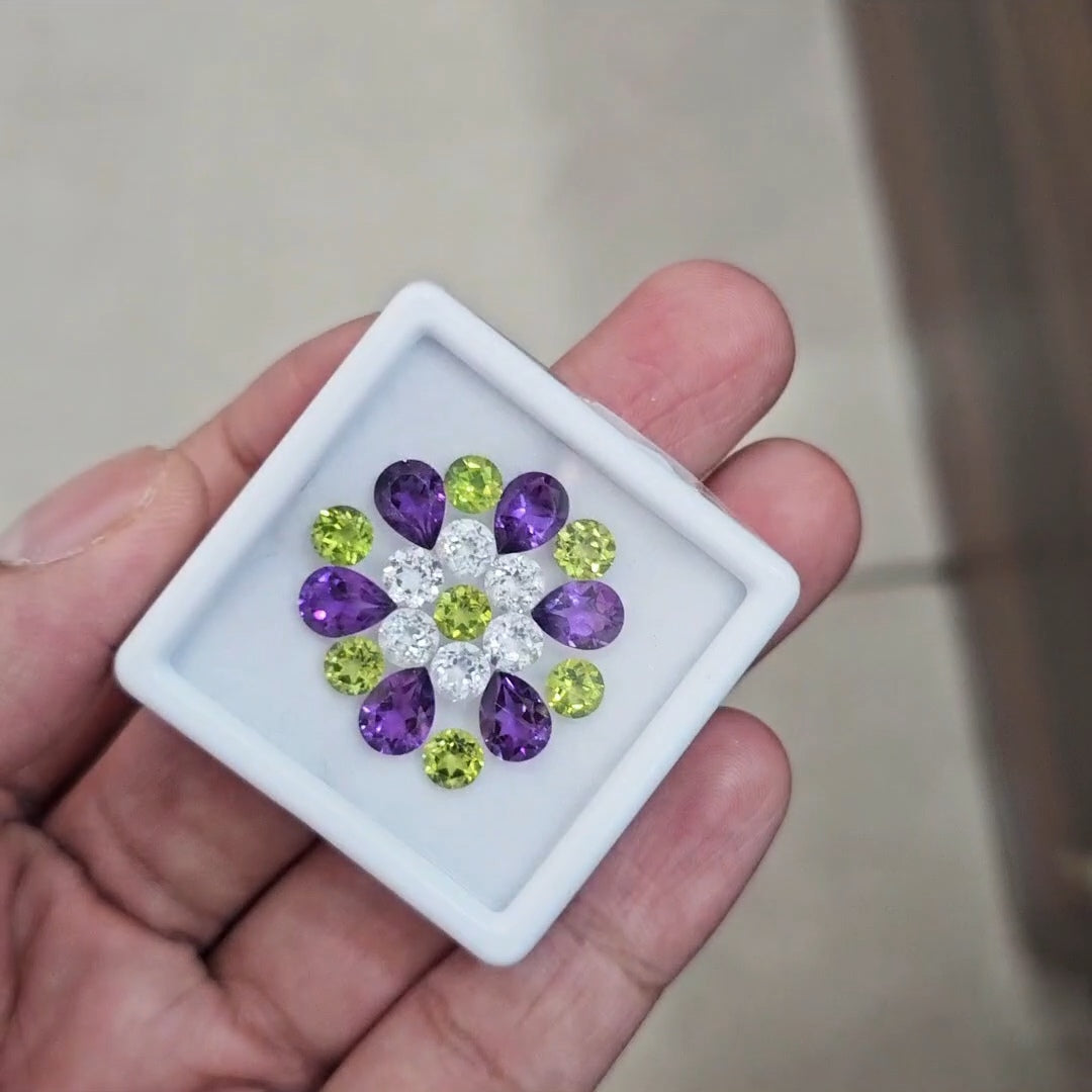 19pcs Natural Peridot, Amethyst & White Topaz Faceted | Mix Shape | Size: 5-8mm