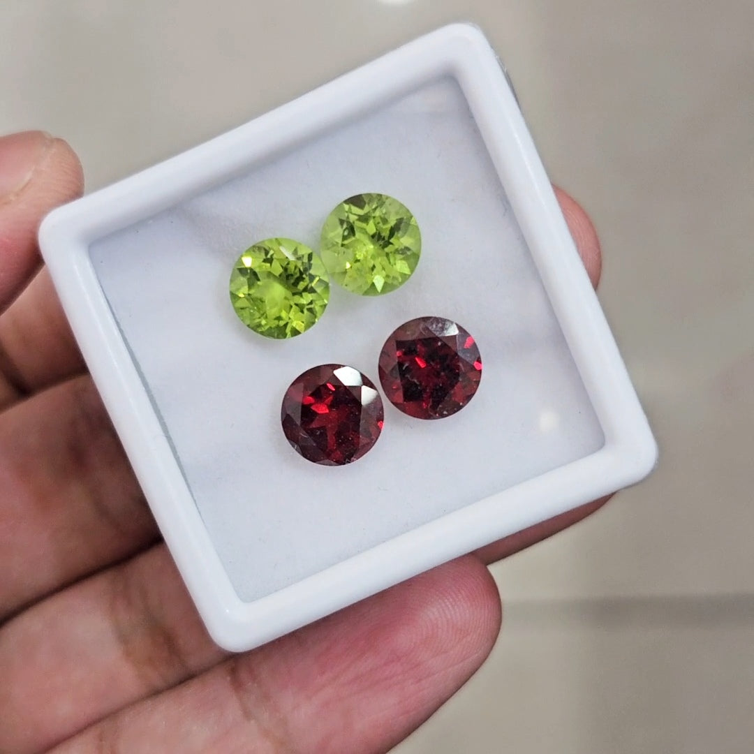 4 Pcs of Natural Peridot & Garnet Faceted | Round | Size:9mm