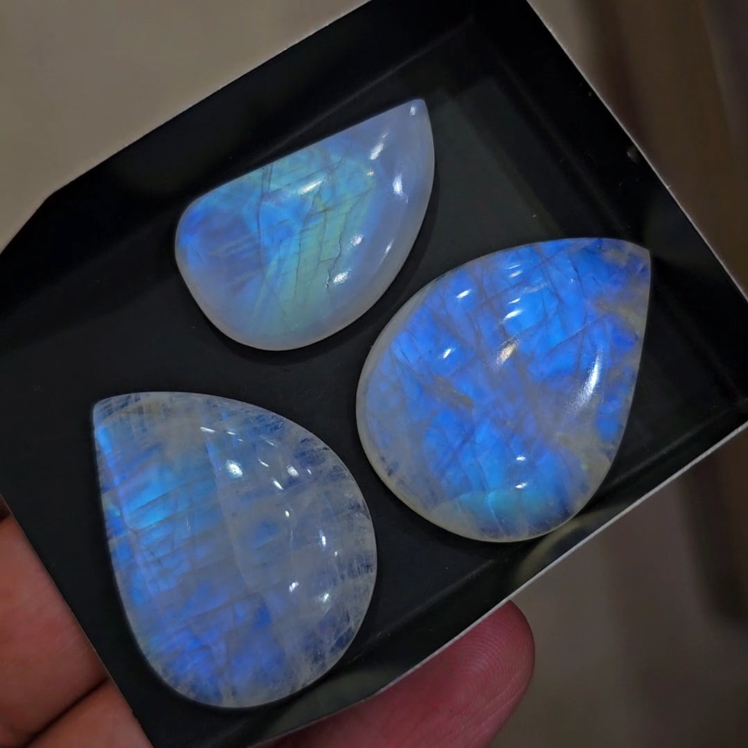 3 Pcs Natural Rainbow Moonstone Cabochons |31-36mm | Shape: Fancy