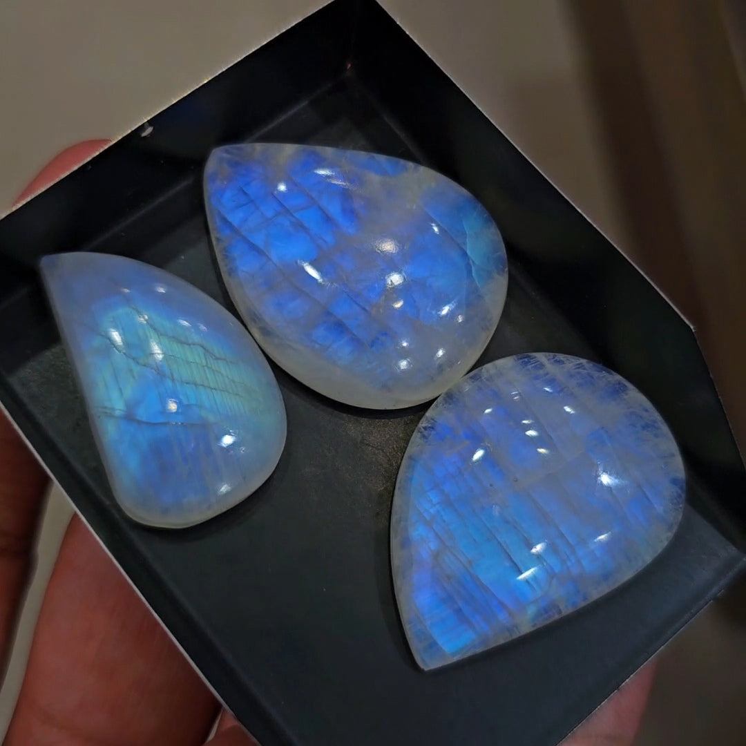 3 Pcs Natural Rainbow Moonstone Cabochons |31-36mm | Shape: Fancy