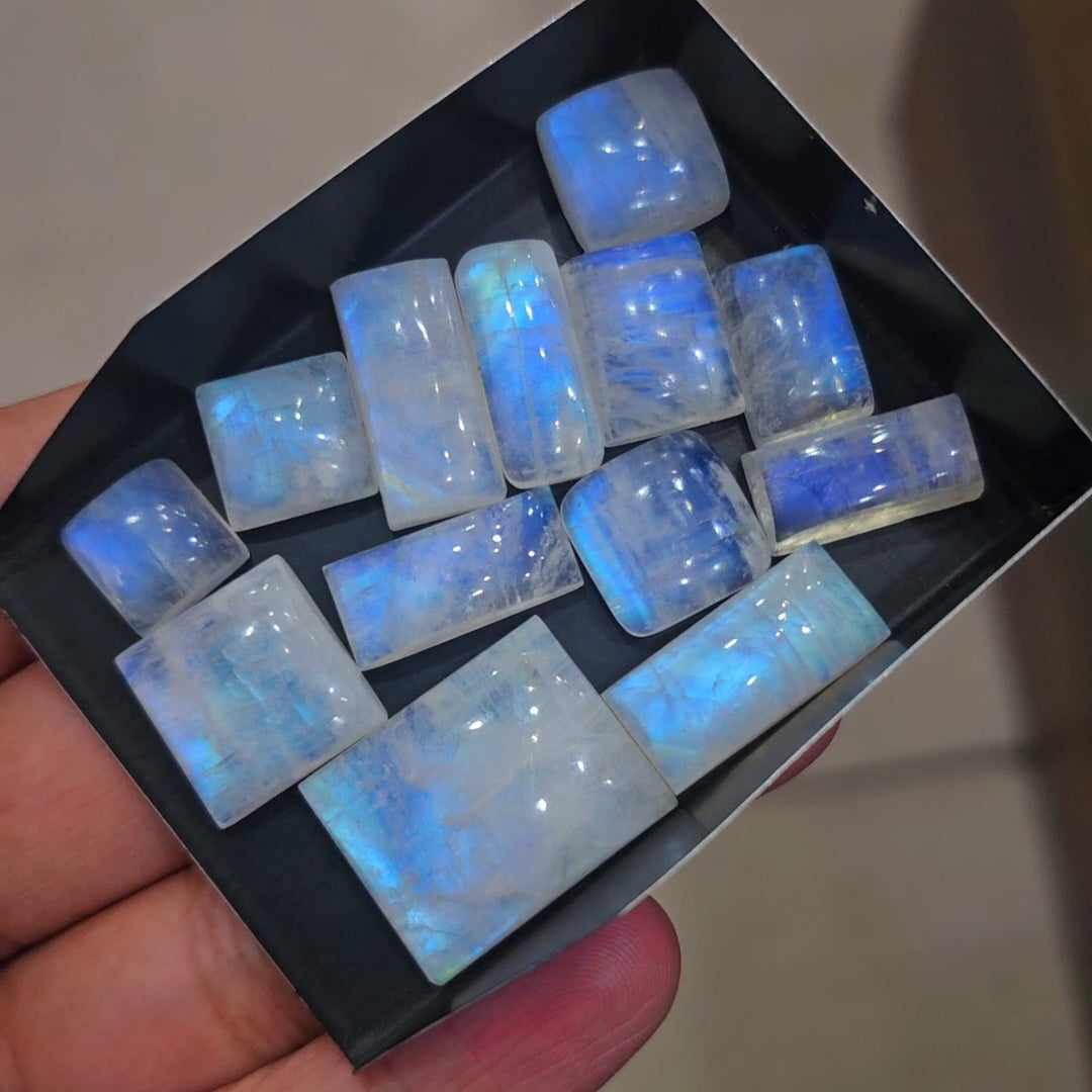 13 Pcs Natural Rainbow Moonstone Cabochons |11-23mm | Shape: Square&Rectangle