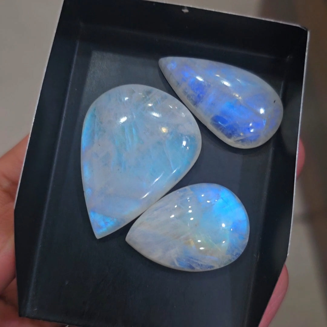 3 Pcs Natural Rainbow Moonstone Cabochons |28-36mm | Shape: Pear