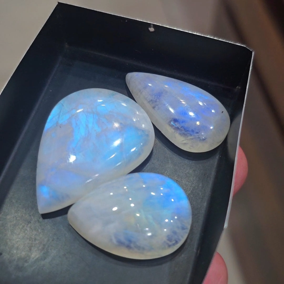 3 Pcs Natural Rainbow Moonstone Cabochons |28-36mm | Shape: Pear