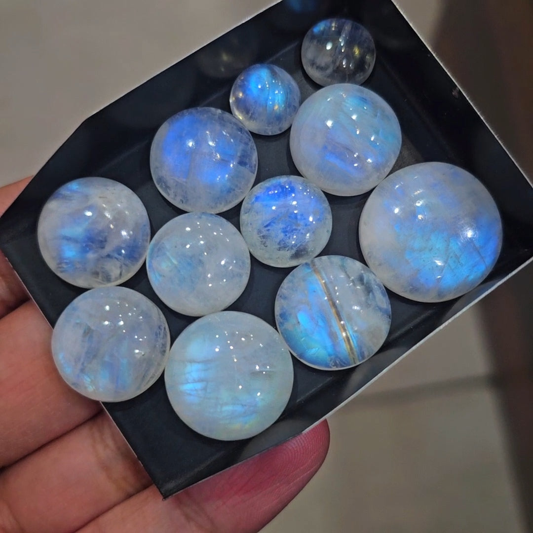 11 Pcs Natural Rainbow Moonstone Cabochons |12-23mm | Shape: Round