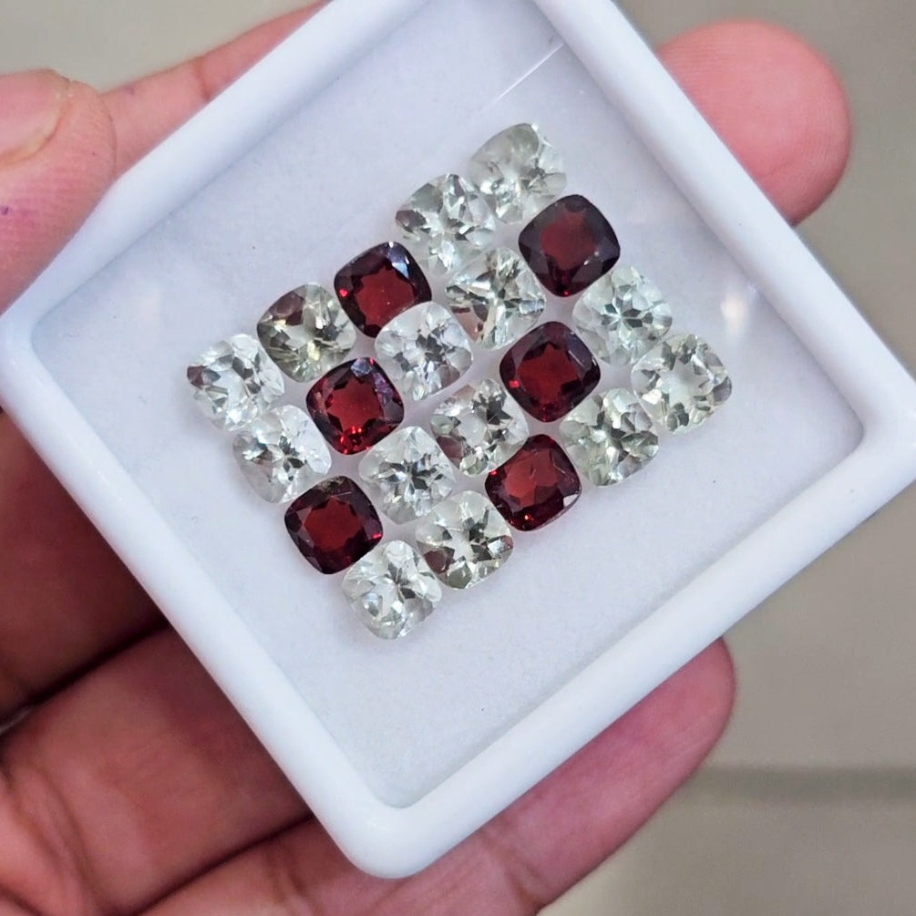 20 Pcs Of Natural Prasiolite & Garnet Faceted | 6mm| Square