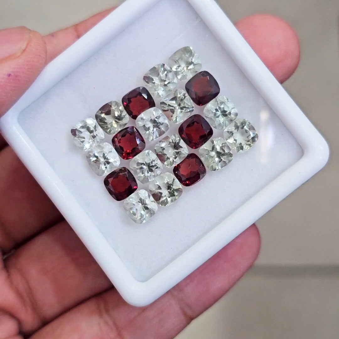 20 Pcs Of Natural Prasiolite & Garnet Faceted | 6mm| Square