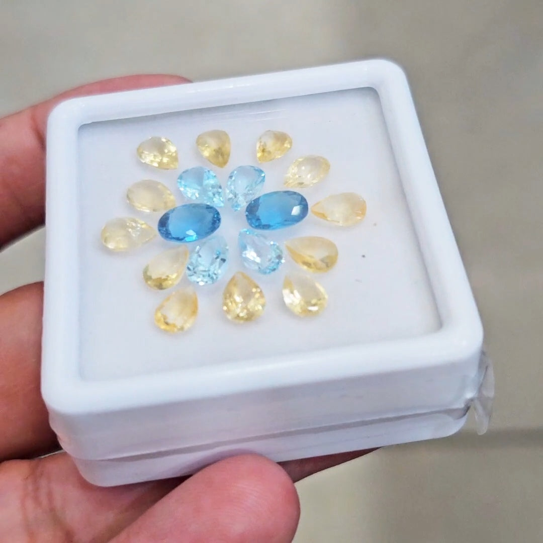 18 Pcs Of Natural Blue Topaz & Citrine Faceted |Mix | Size:7-8mm