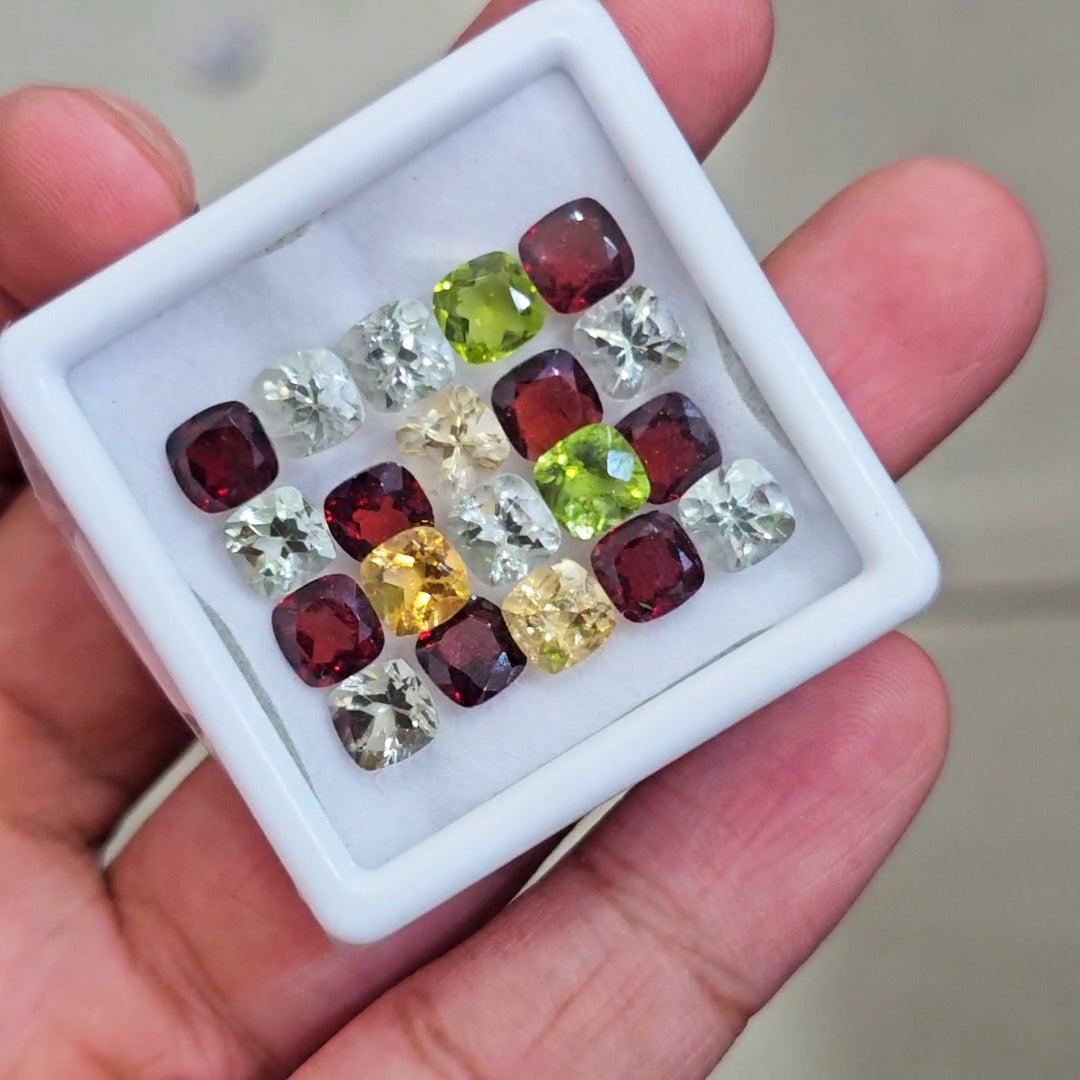 20 Pcs Of Natural Peridot ,Prasiolite , Garnet , Citrine Faceted | 6mm| Square