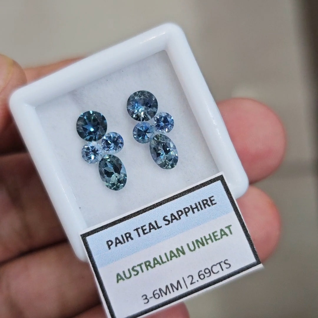 2.69cts Pair Natural Australian Teal Sapphire | 3-6mm| Oval & Round |Unheated