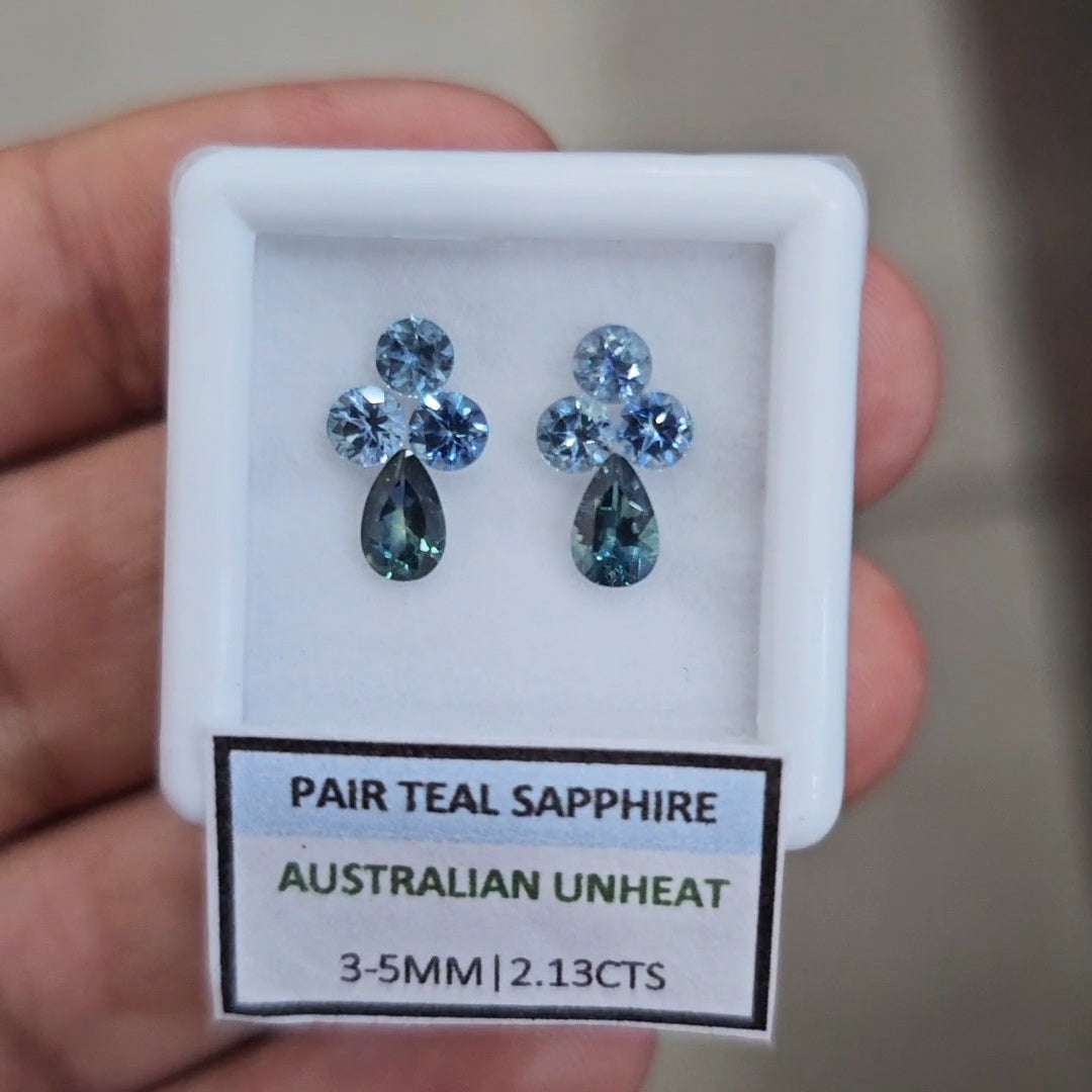 2.13cts Pair Natural Australian Teal Sapphire | 3-5mm| Pear & Round |Unheated
