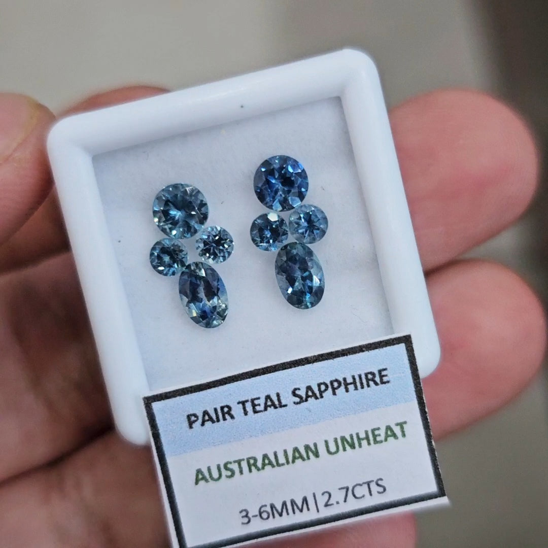 2.7cts Pair Natural Australian Teal Sapphire | 3-6mm| Oval & Round |Unheated