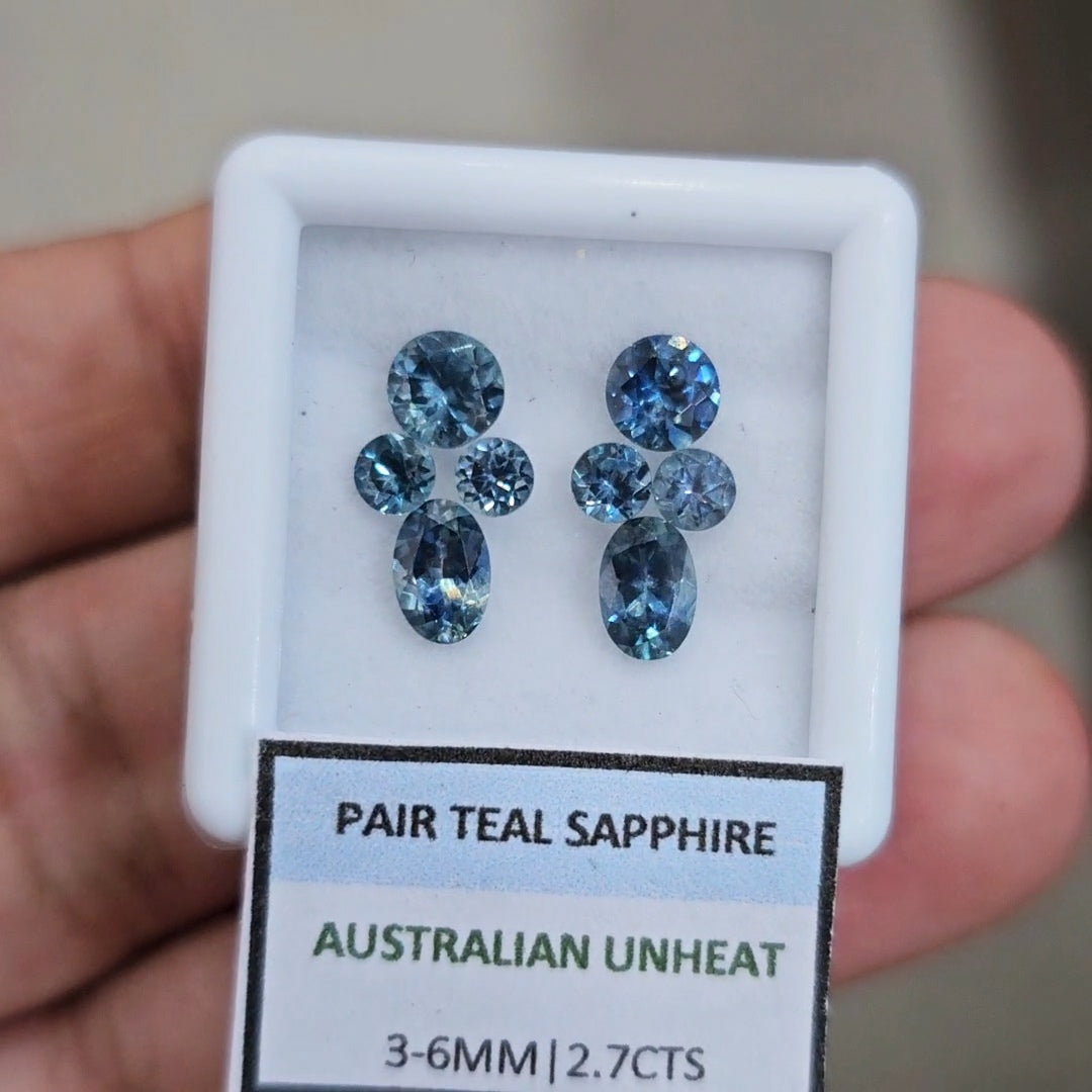 2.7cts Pair Natural Australian Teal Sapphire | 3-6mm| Oval & Round |Unheated