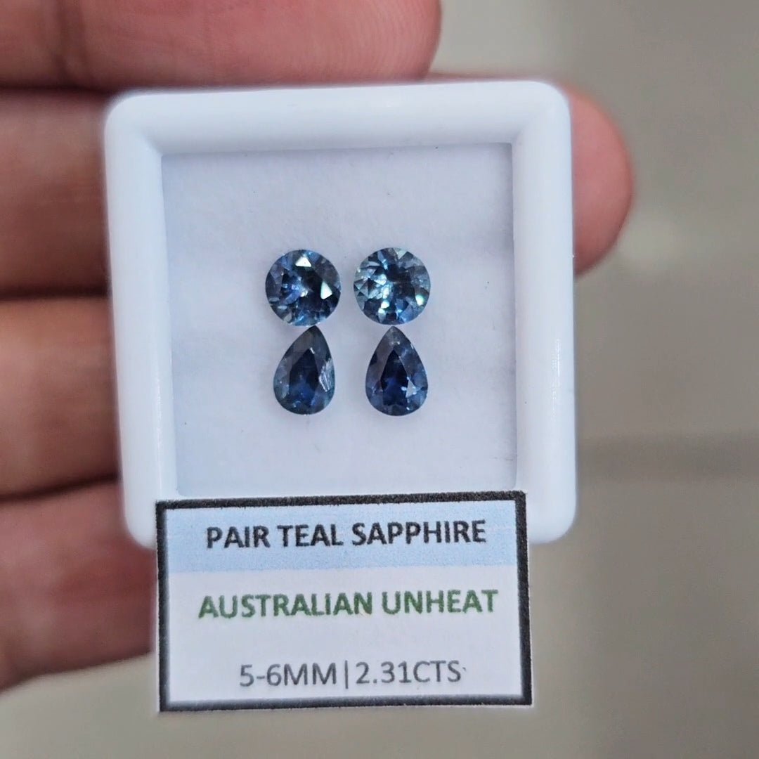 2.31cts Pair Natural Australian Teal Sapphire | 5-6mm| Round & Pear |Unheated
