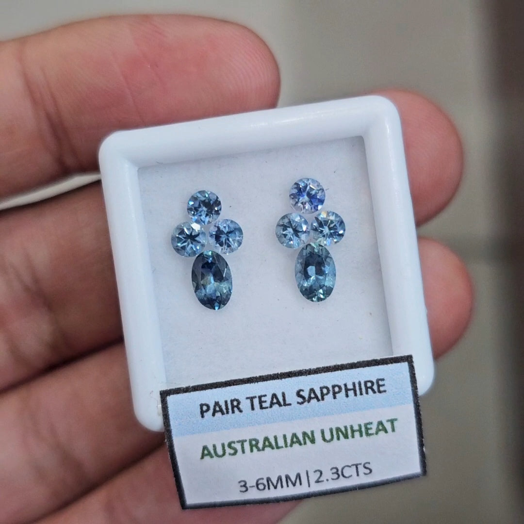 2.3cts Pair Natural Australian Teal Sapphire | 3-6mm| Oval & Round |Unheated