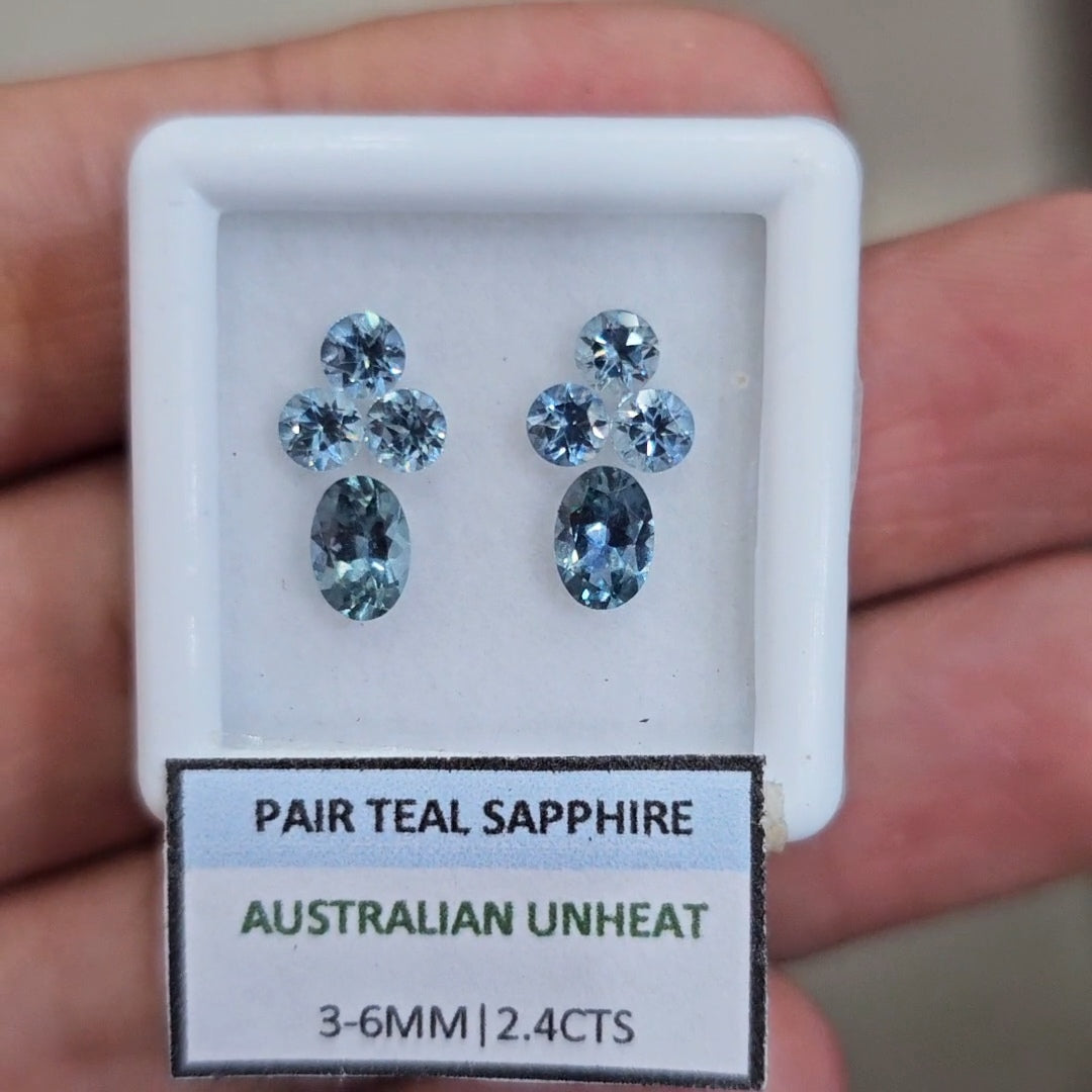 2.4cts Pair Natural Australian Teal Sapphire | 3-6mm| Oval & Round |Unheated