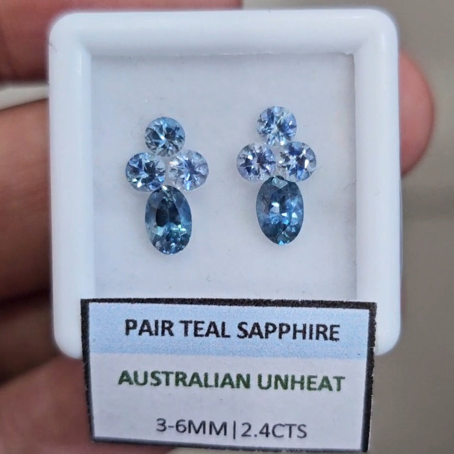 2.4cts Pair Natural Australian Teal Sapphire | 3-6mm| Oval & Round |Unheated