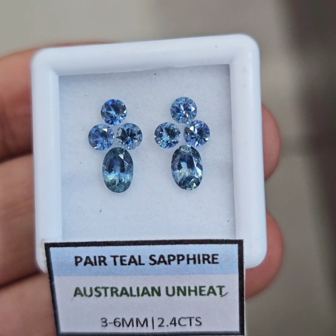 2.4cts Pair Natural Australian Teal Sapphire | 3-6mm| Oval & Round |Unheated