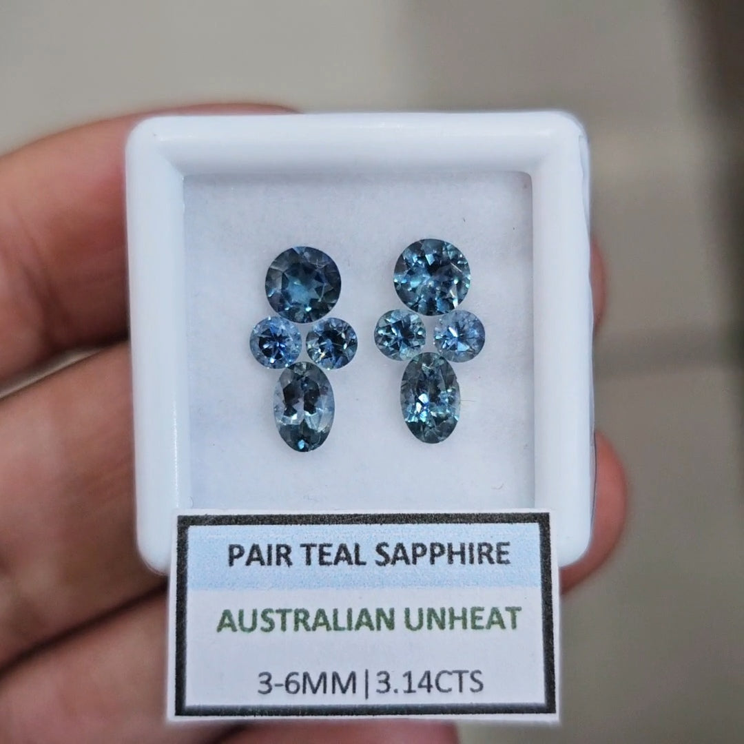 3.14cts Pair Natural Australian Teal Sapphire | 3-6mm| Oval & Round |Unheated