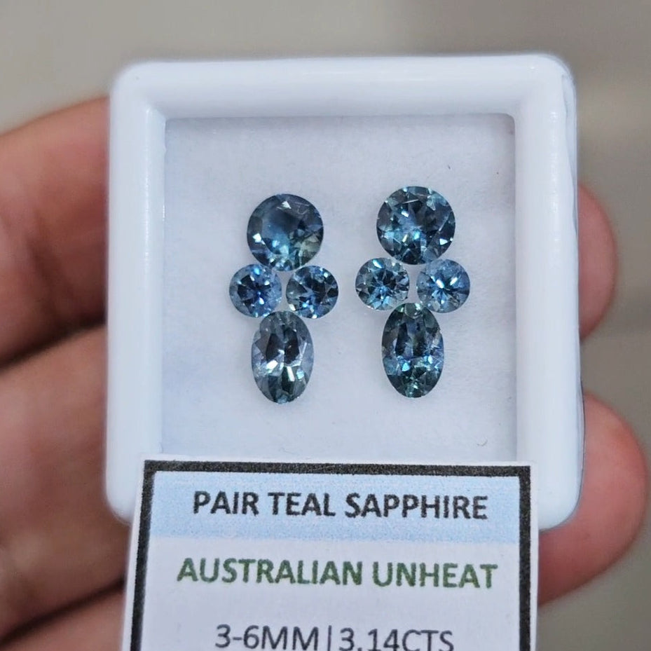 3.14cts Pair Natural Australian Teal Sapphire | 3-6mm| Oval & Round |Unheated