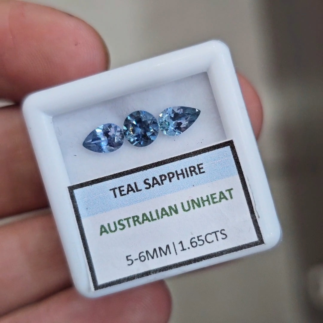 1.65cts Natural Australian Teal Sapphire | 5-6mm| Round & Pear |Unheated