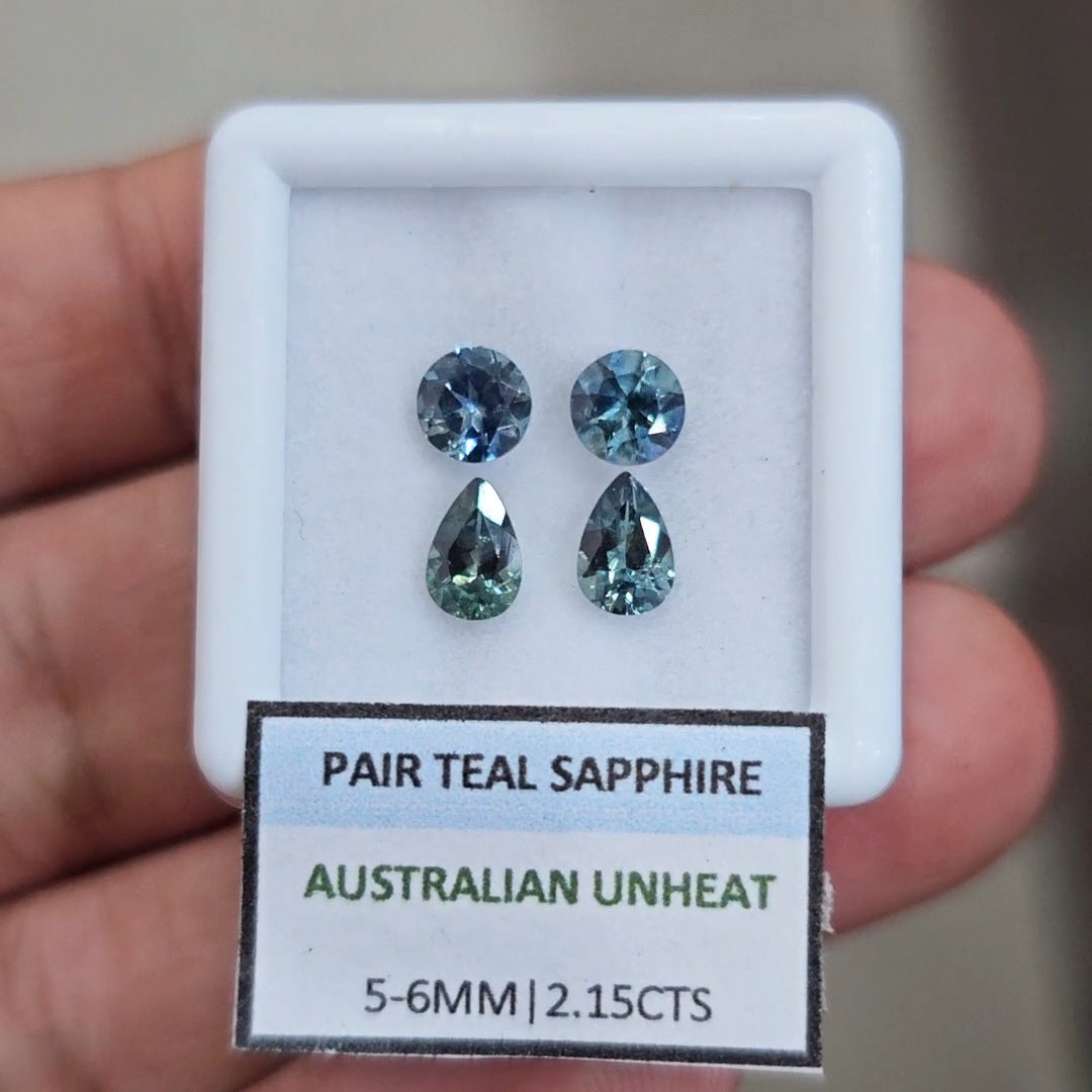 2.15cts Pair Natural Australian Teal Sapphire | 5-6mm| Round & Pear |Unheated