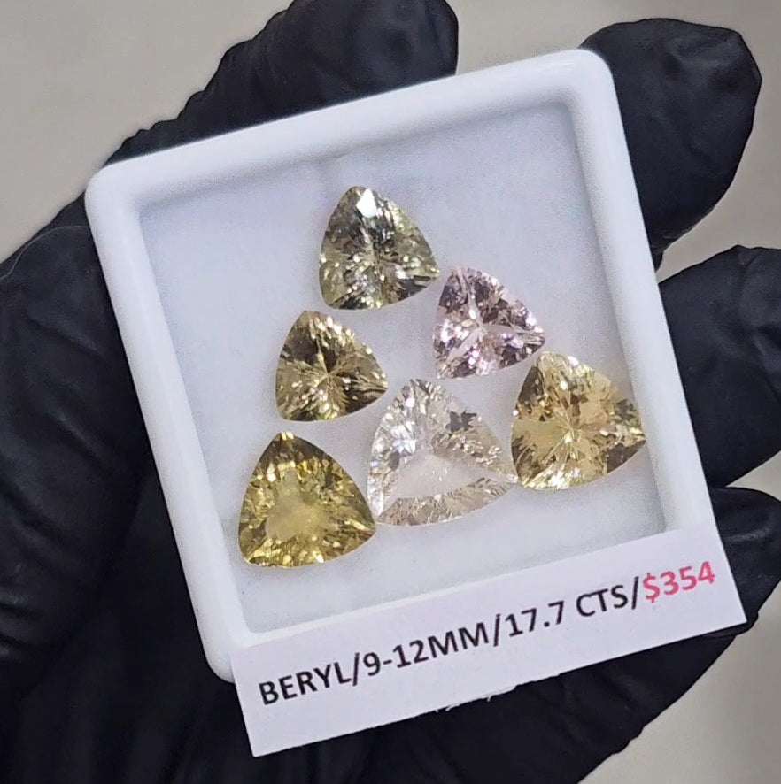 6 Pcs Of Natural Mix Beryls: Morganite, Heliodor & Green Beryl | Trillion | Size: 9-12mm - The LabradoriteKing
