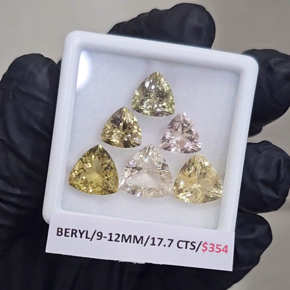 6 Pcs Of Natural Mix Beryls: Morganite, Heliodor & Green Beryl | Trillion | Size: 9-12mm - The LabradoriteKing