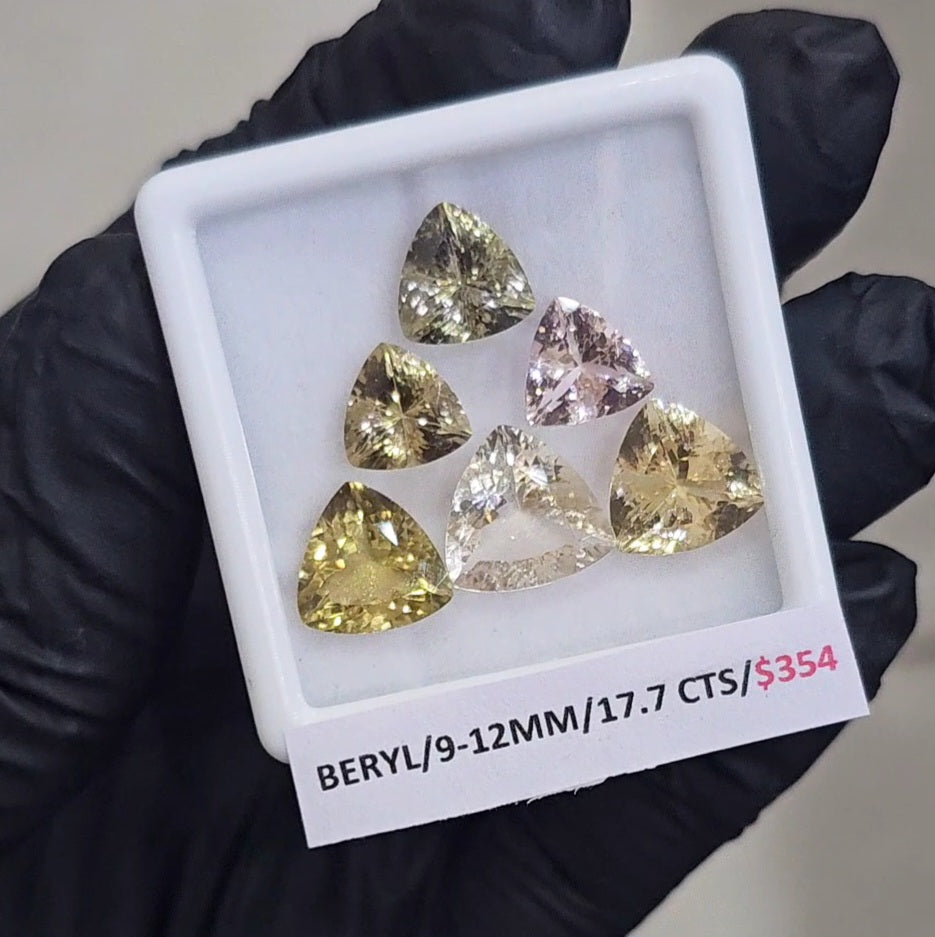 6 Pcs Of Natural Mix Beryls: Morganite, Heliodor & Green Beryl | Trillion | Size: 9-12mm - The LabradoriteKing