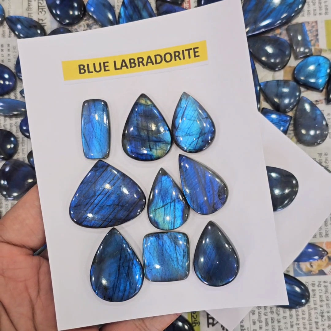 1 Card of Natural Blue Labradorite Cabochons | 22–40mm | Flashy Quality