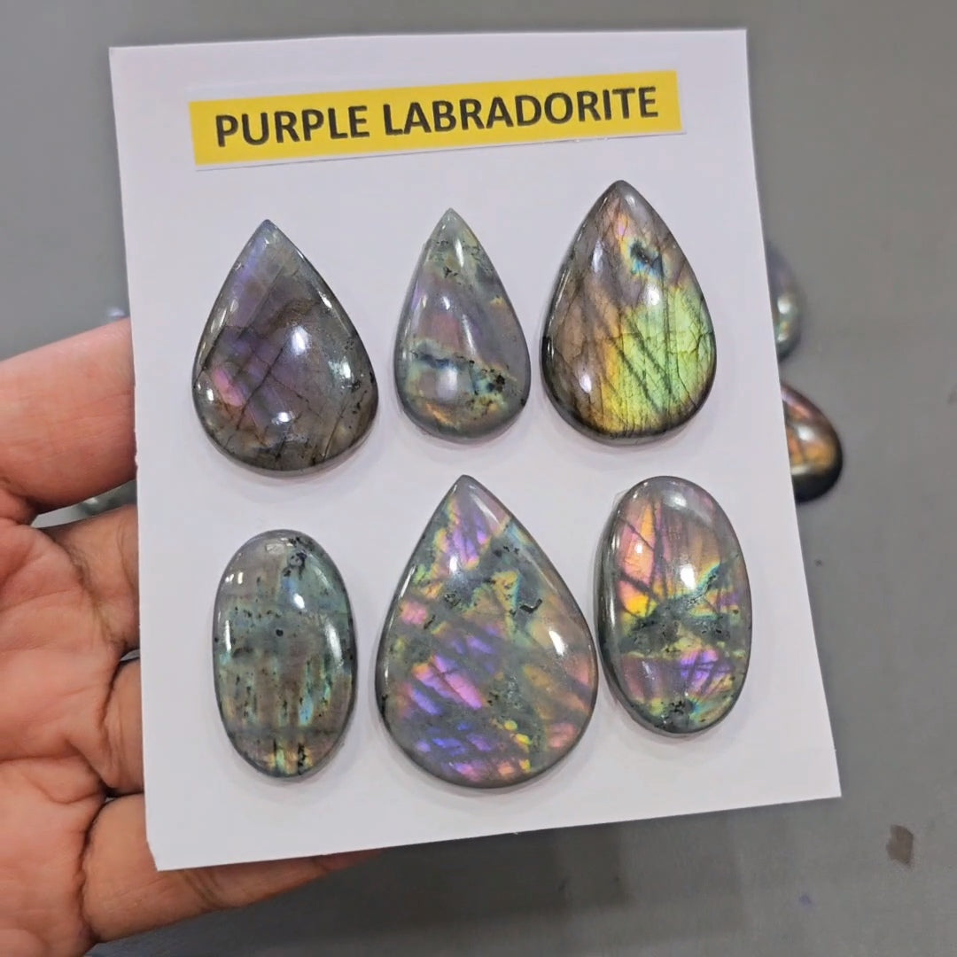 1 Card of Natural Purple Labradorite Cabochons | 30–45mm | Flashy Quality