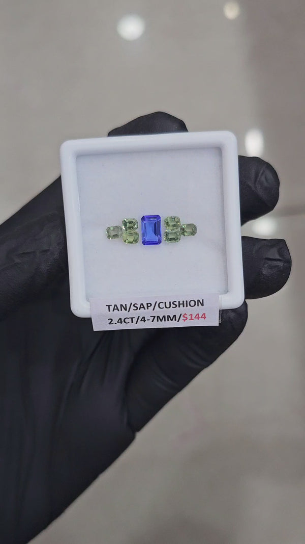 7 Pcs Natural  Green  Sapphire & Tanzanite AAA+ Faceted | Shape: Rectangle | Size: 4-7mm