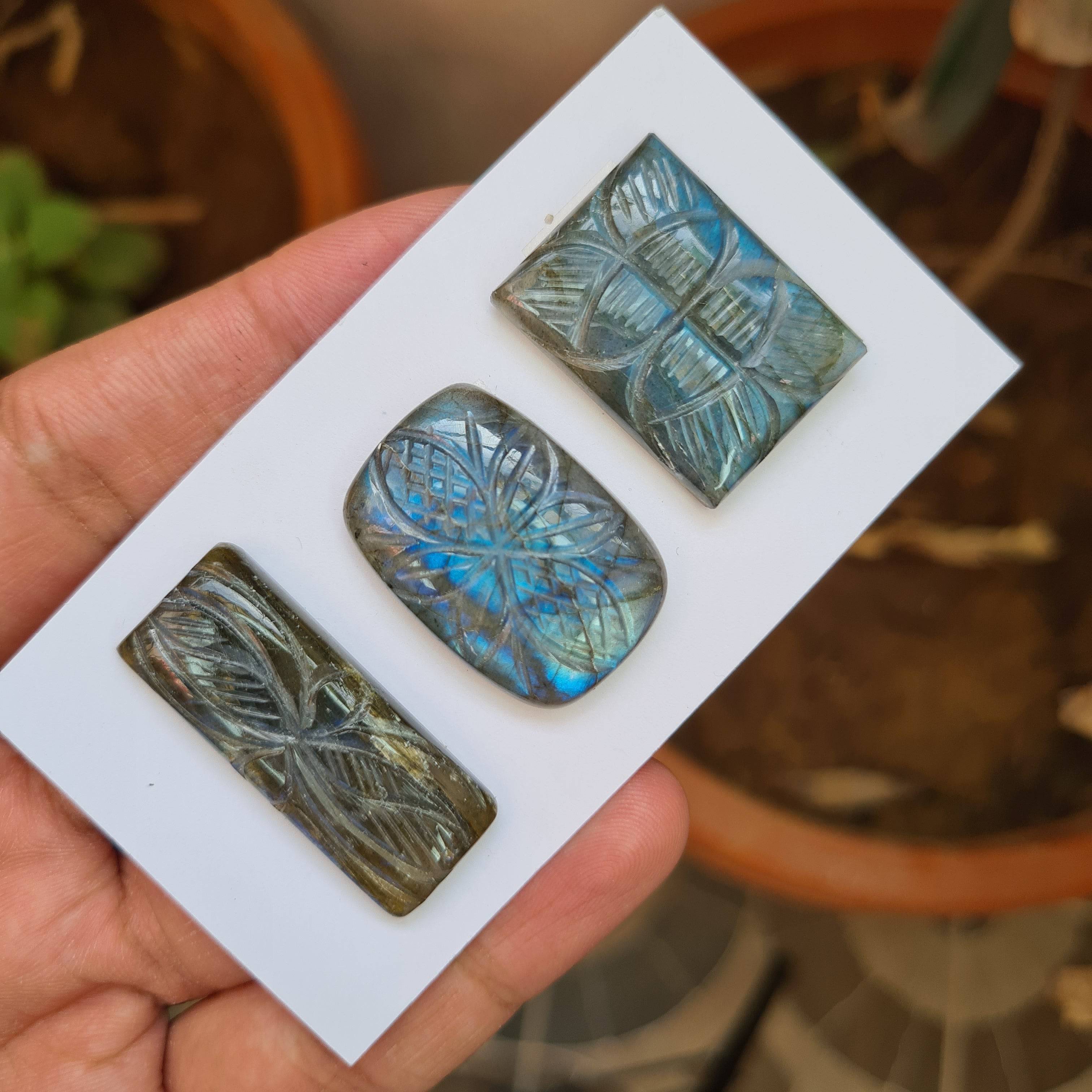 3Pcs Natural Labradorite Carved High Quality Gemstones 26-34mm Shape Rectangle, - The LabradoriteKing