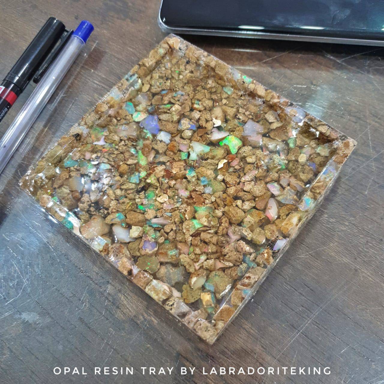 Natural Opal Tray | Resin Polished Tray with Natural Opals Roughs 4 Inches - The LabradoriteKing