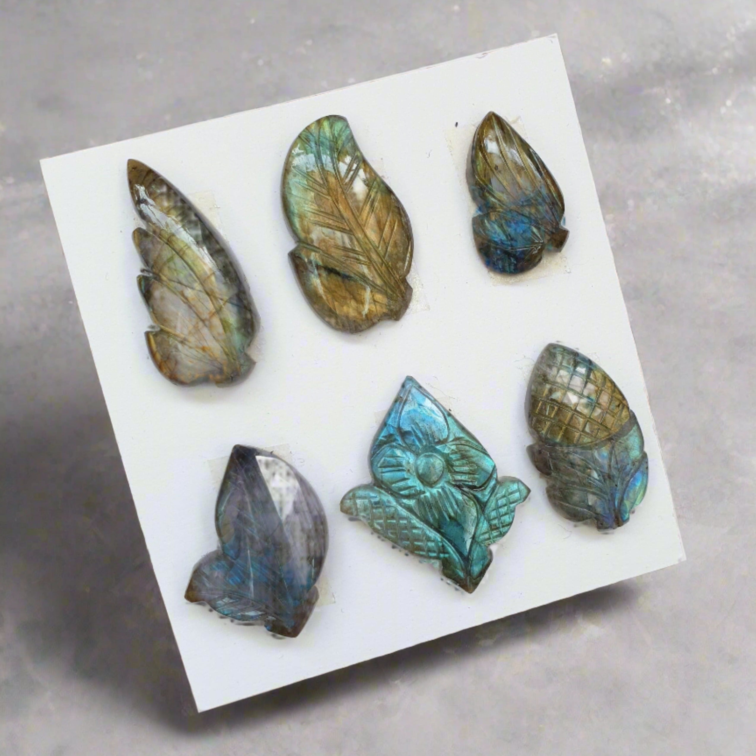 SALE🔥 6 Pcs Natural Labradorite Flower Carved Cabochon Gemstones | Fancy Shape, Sizes: 25-36mm - The LabradoriteKing