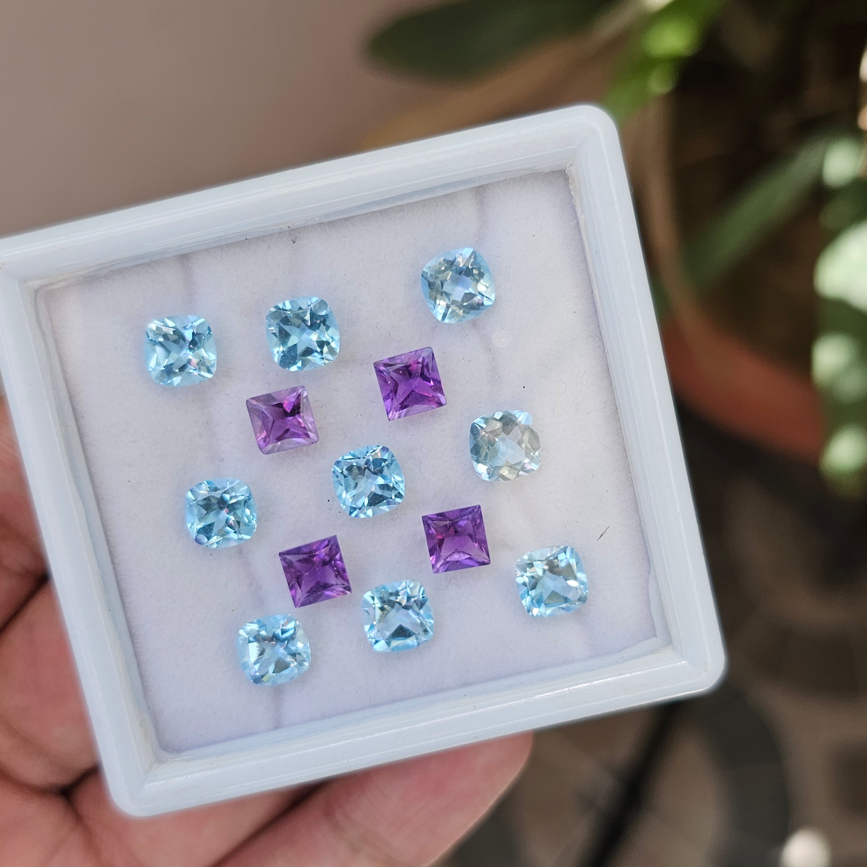 13 Pieces Natural Blue Topaz And Amethyst Faceted Gemstones Square Shape Size: 6mm to 7mm - The LabradoriteKing