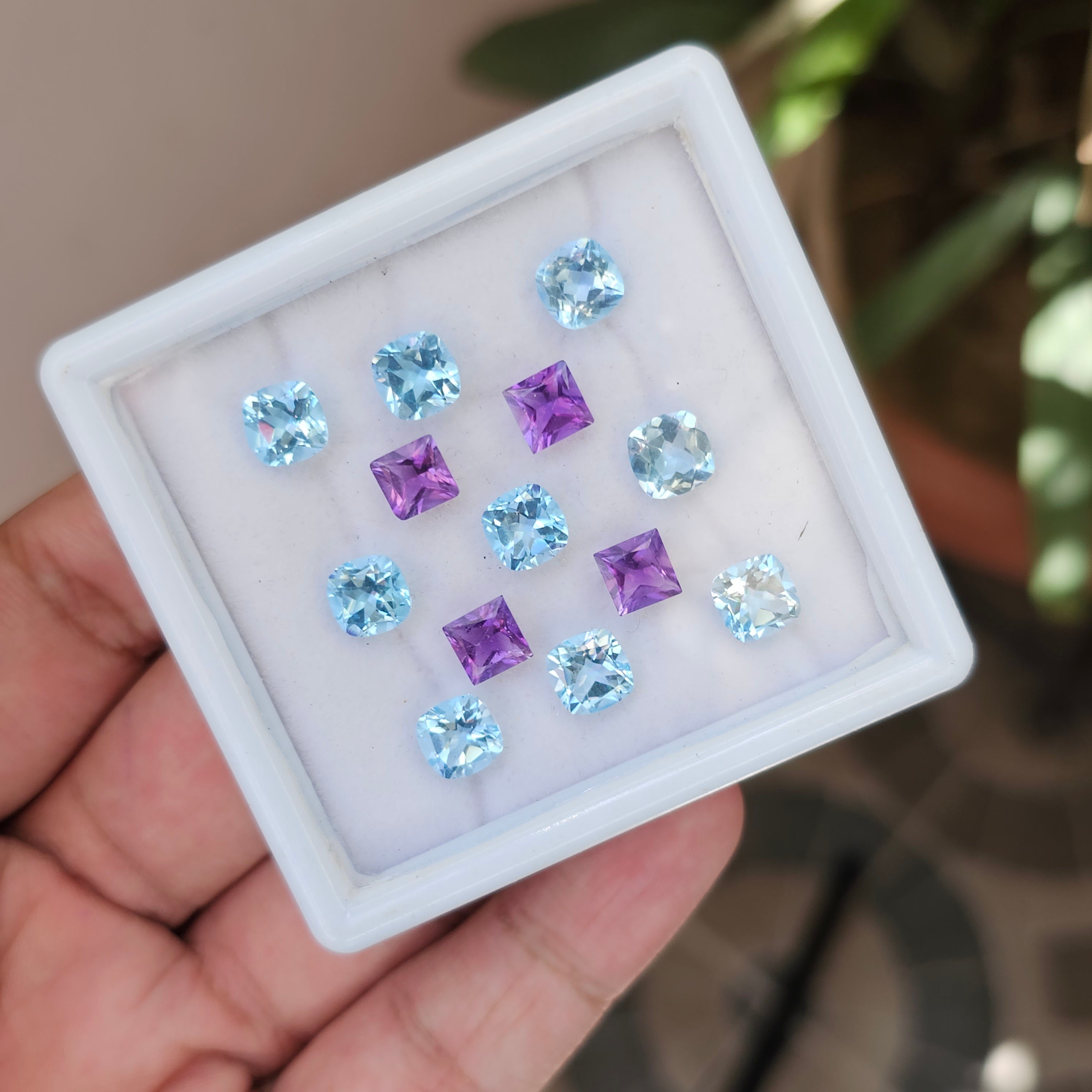 13 Pieces Natural Blue Topaz And Amethyst Faceted Gemstones Square Shape Size: 6mm to 7mm - The LabradoriteKing