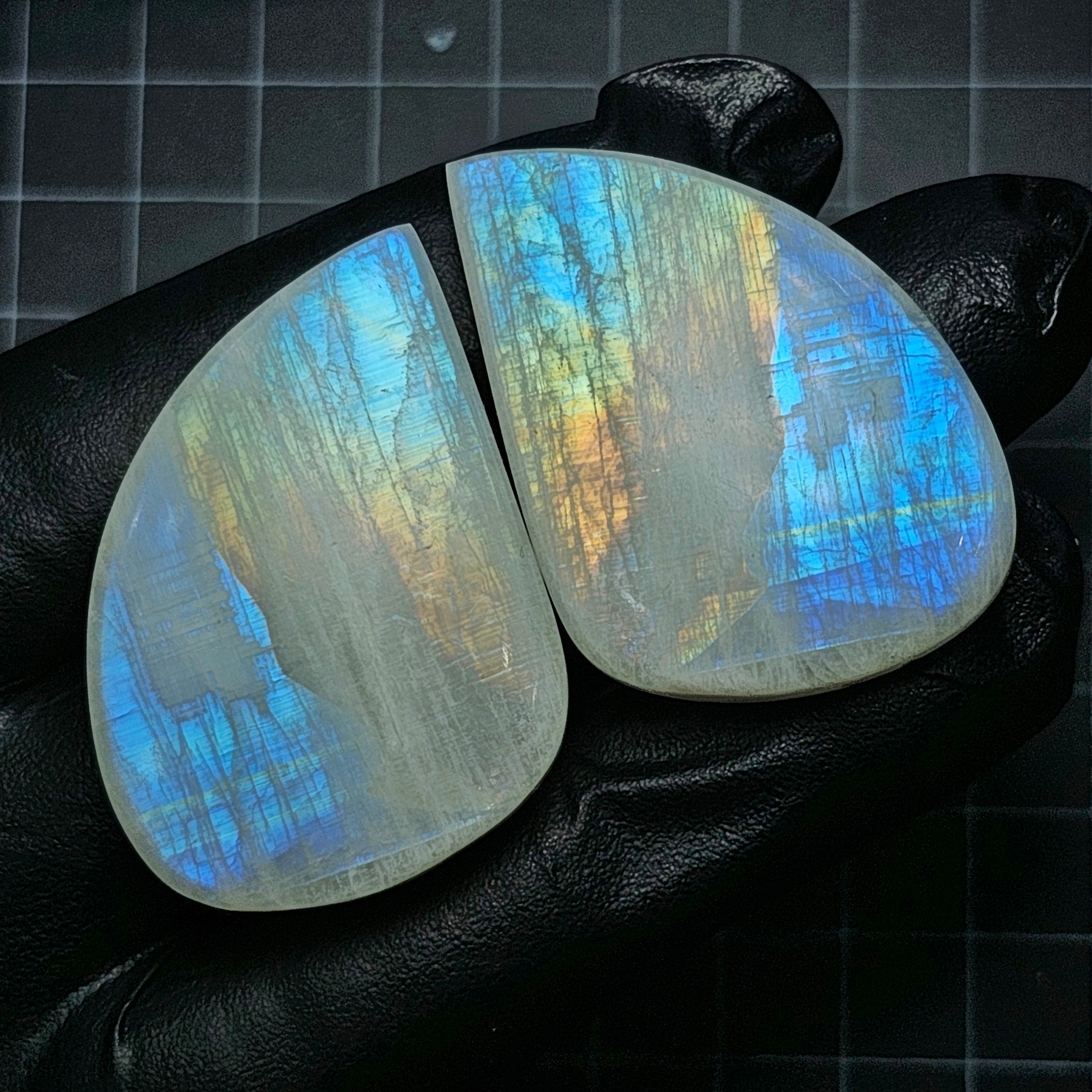 1 Pair Natural White Rainbow Cabochon Gemstone Fancy Shape: 44x30mm - The LabradoriteKing
