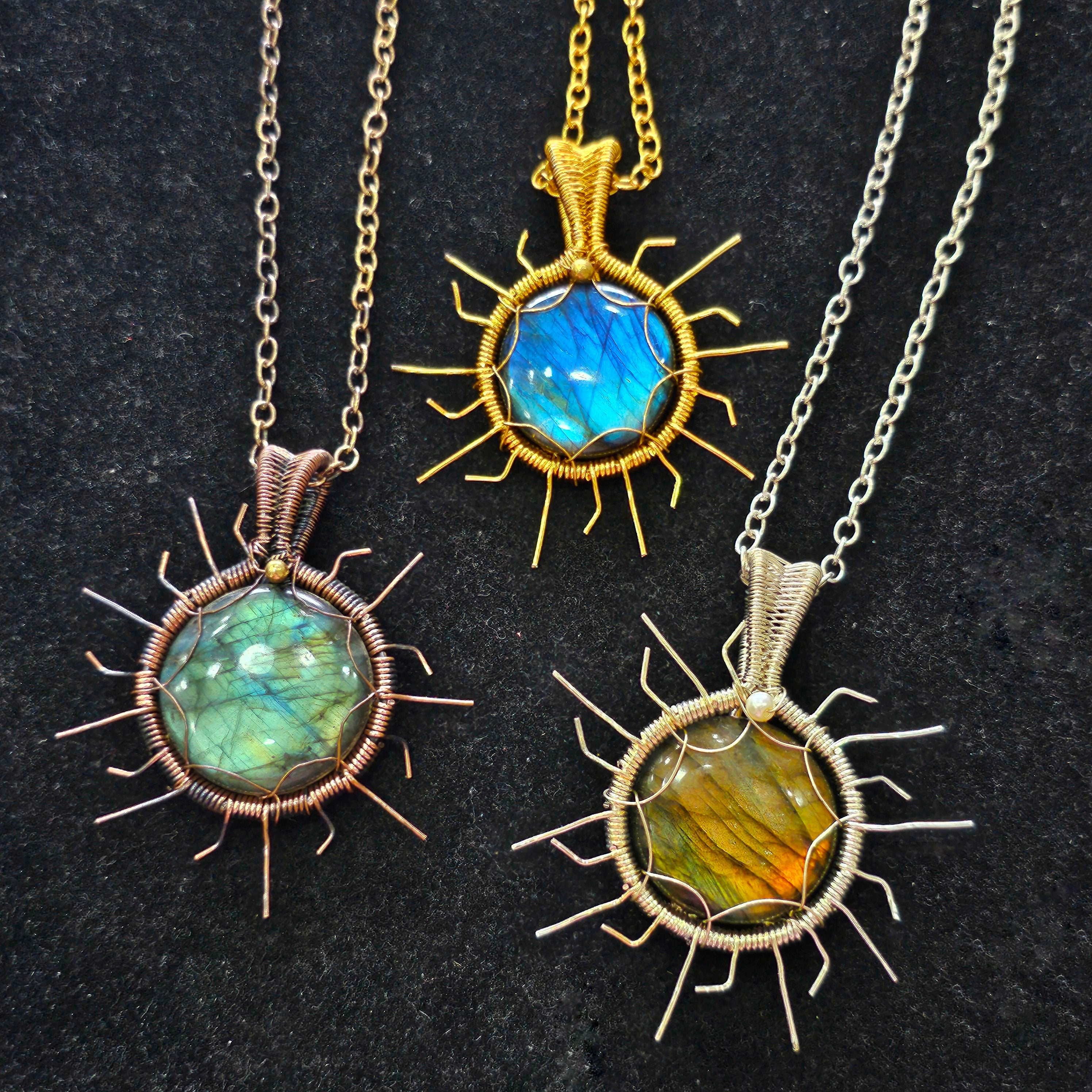 3 Pcs Of Sunburst Labradorite Pendant | Yellow, Rose, White Wirewrapped - The LabradoriteKing