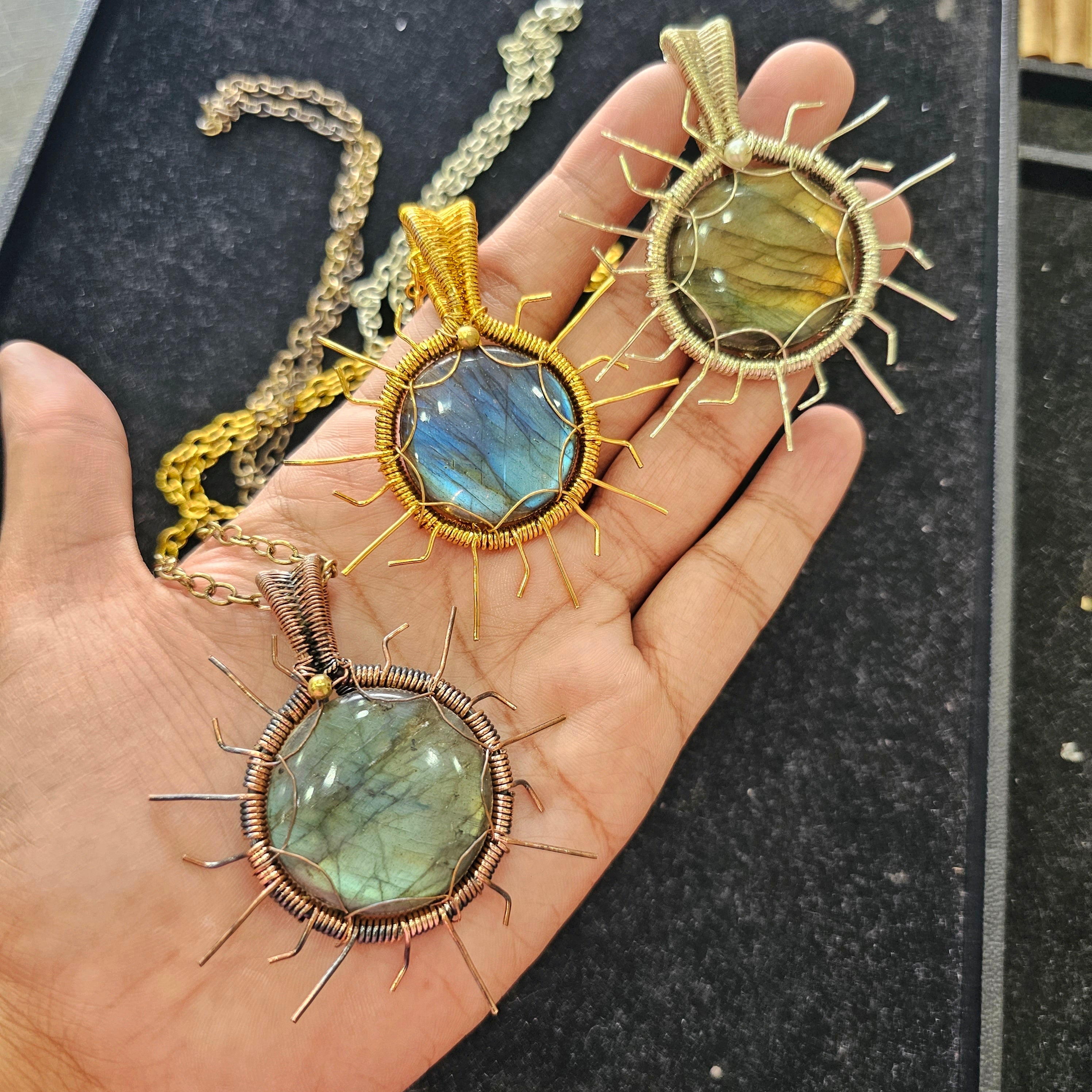 3 Pcs Of Sunburst Labradorite Pendant | Yellow, Rose, White Wirewrapped - The LabradoriteKing