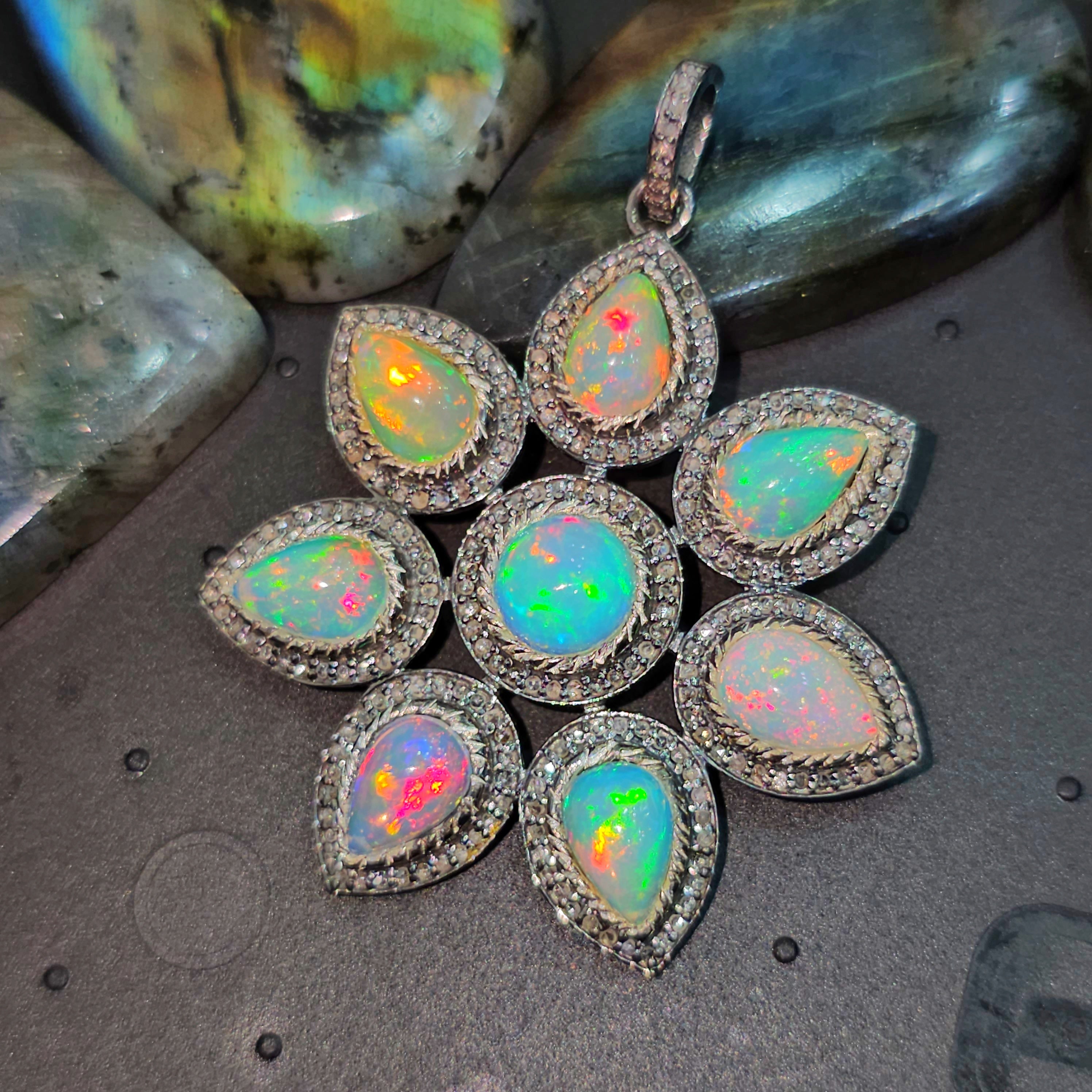 Natural Opal Pendant set on Oxidised Sterling Silver with Moissanites - The LabradoriteKing