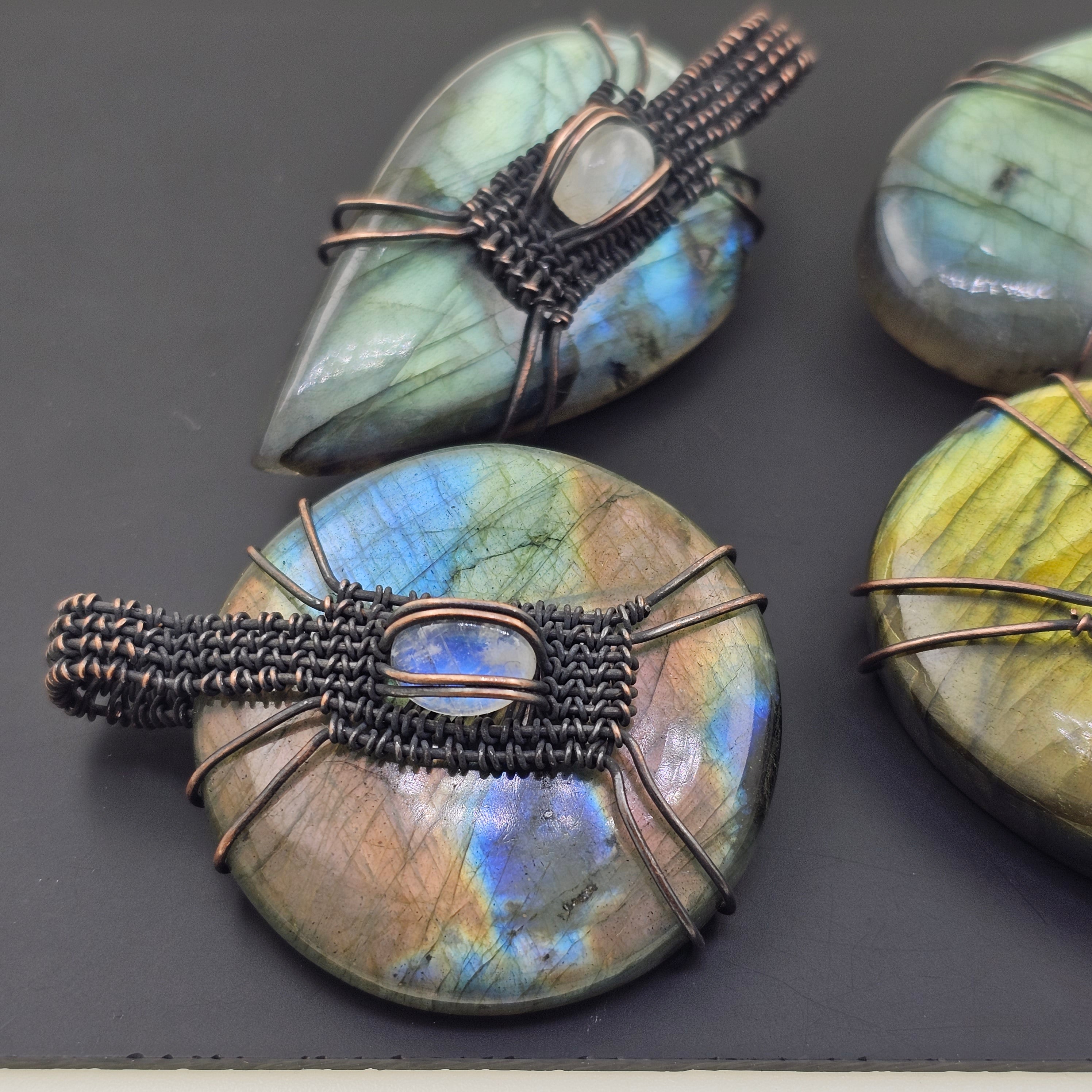 6 Pcs Of Labradorite and Moonstone Wirewrapped Pendant - The LabradoriteKing