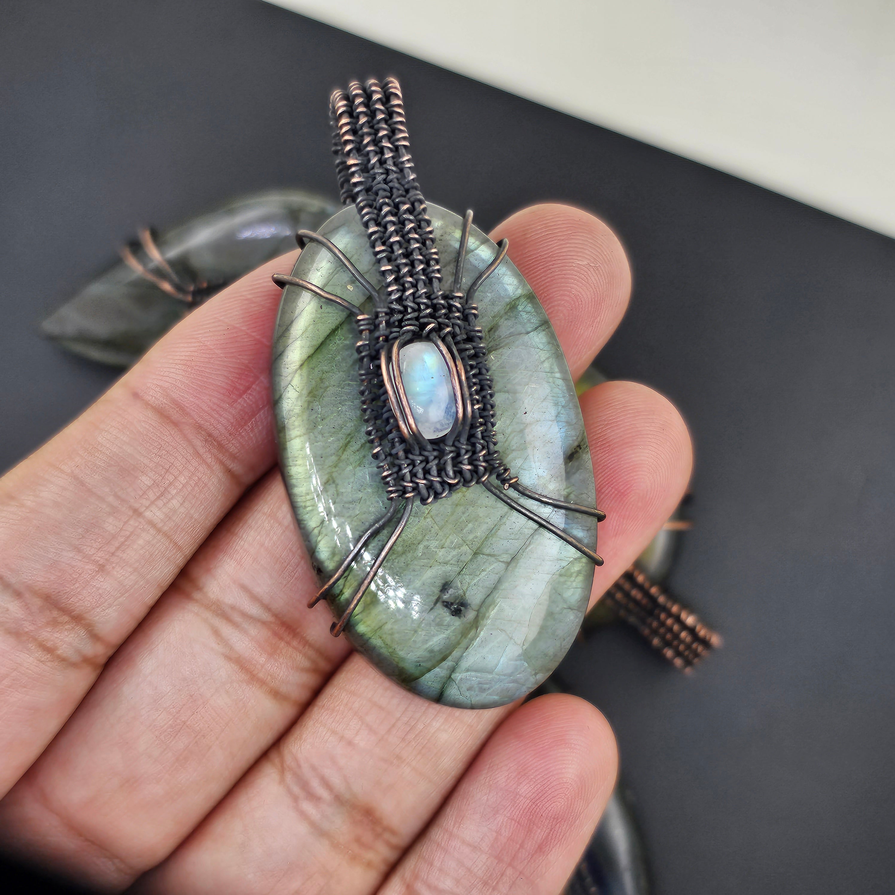 6 Pcs Of Labradorite and Moonstone Wirewrapped Pendant - The LabradoriteKing