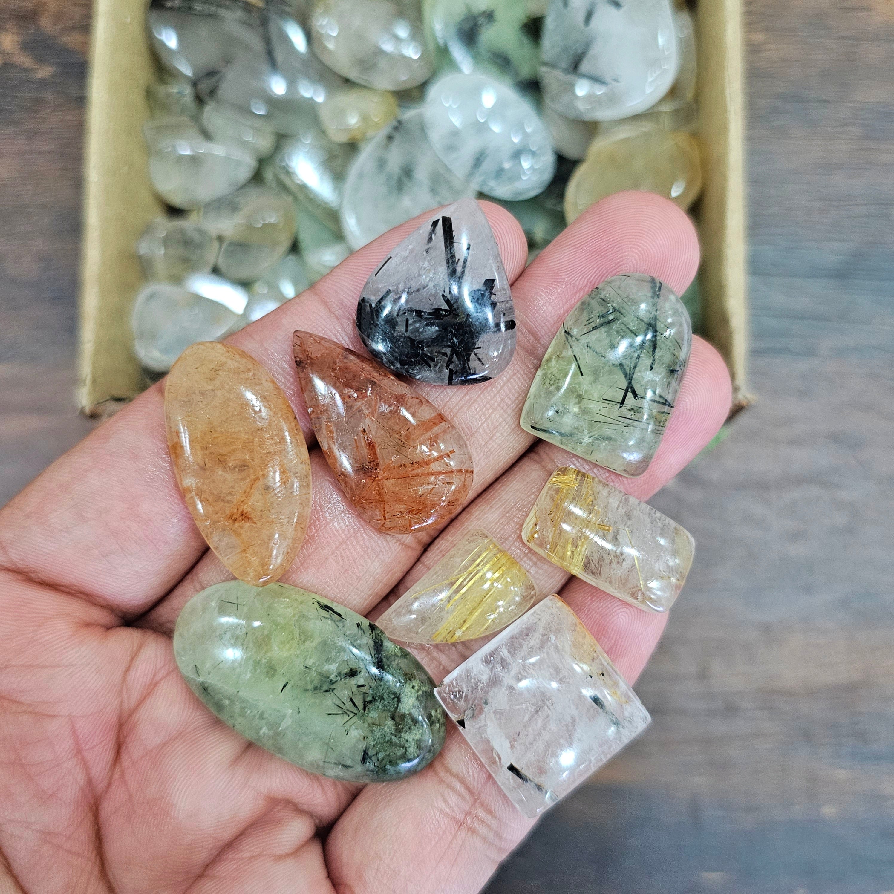 50 Pcs Of Black Rutilated Quartz / Prehnite Quartz | 18mm to 40mm - The LabradoriteKing