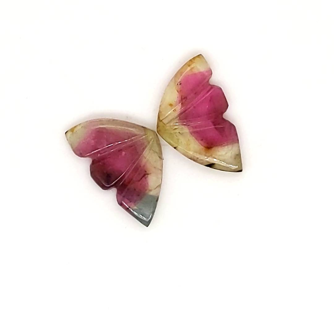 Natural Watermelon Tourmaline Butterfly Carved Pair | Size:13x8mm - The LabradoriteKing