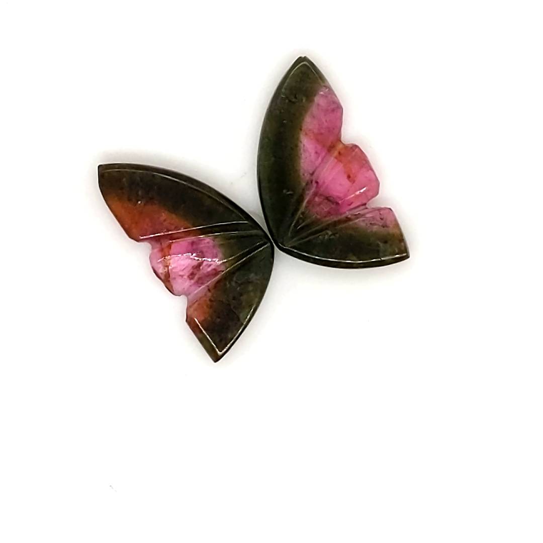 Natural Watermelon Tourmaline Butterfly Carved Pair | Size:15x8mm - The LabradoriteKing