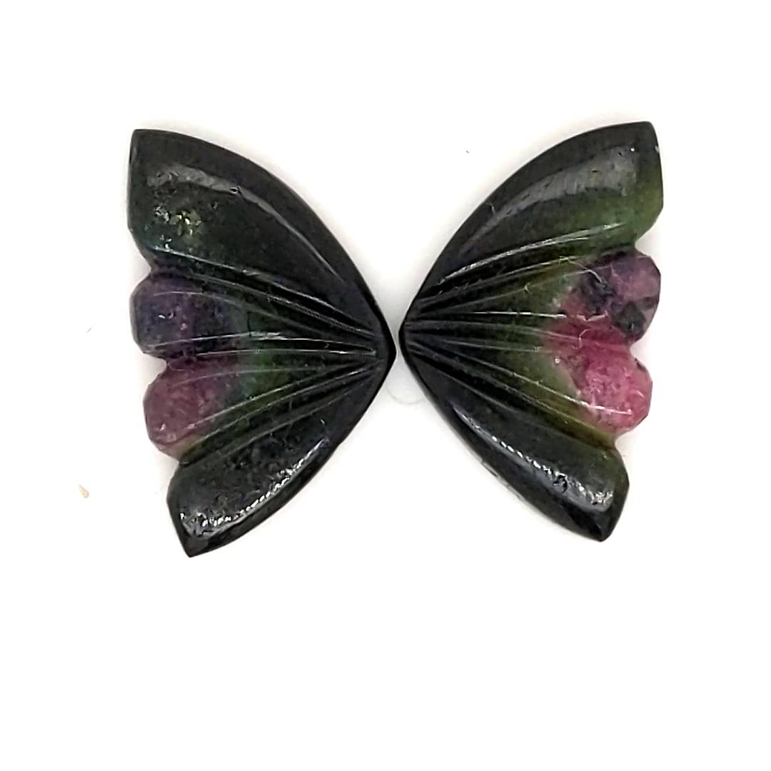 Natural Watermelon Tourmaline Butterfly Carved Pair | Size:18x11mm - The LabradoriteKing