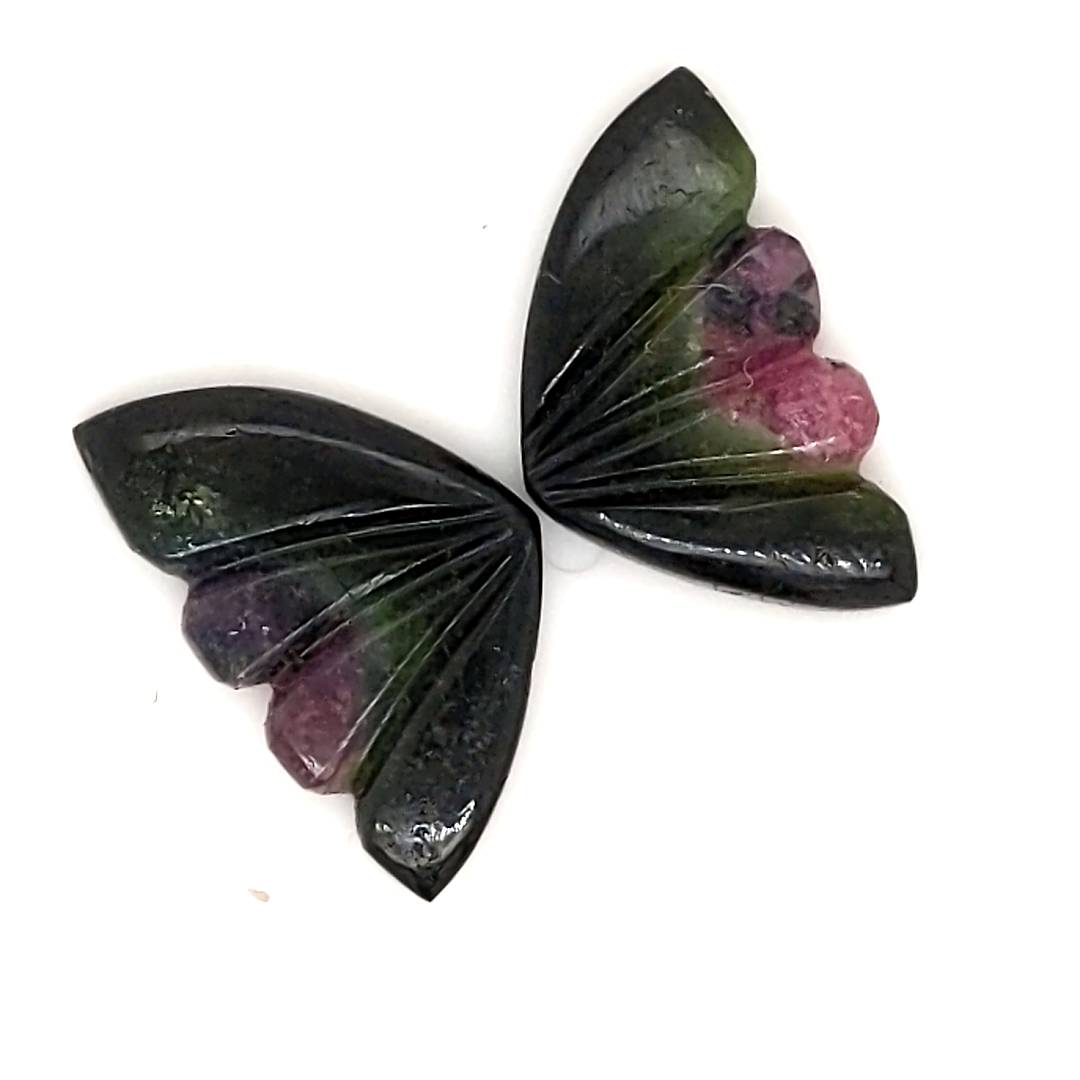 Natural Watermelon Tourmaline Butterfly Carved Pair | Size:18x11mm - The LabradoriteKing